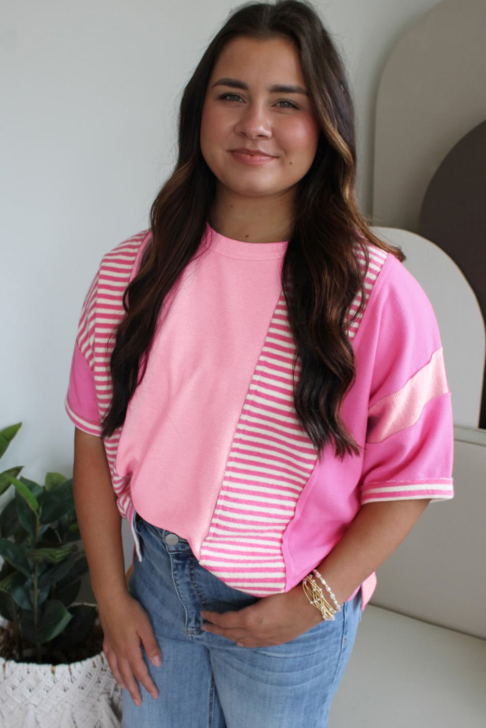 Pink Stripe Patchwork Colorblock Plus Size T Shirt-Plus Size/Plus Size Tops/Plus Size Tops & Tees-[Adult]-[Female]-2022 Online Blue Zone Planet