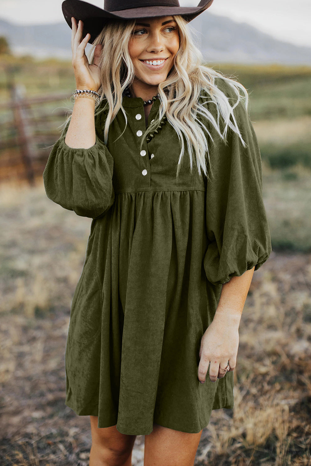 Blue Zone Planet | Vineyard Green Corduroy Snap Buttons Empire Waist Bracelet Sleeve Mini Dress-TOPS / DRESSES-[Adult]-[Female]-2022 Online Blue Zone Planet