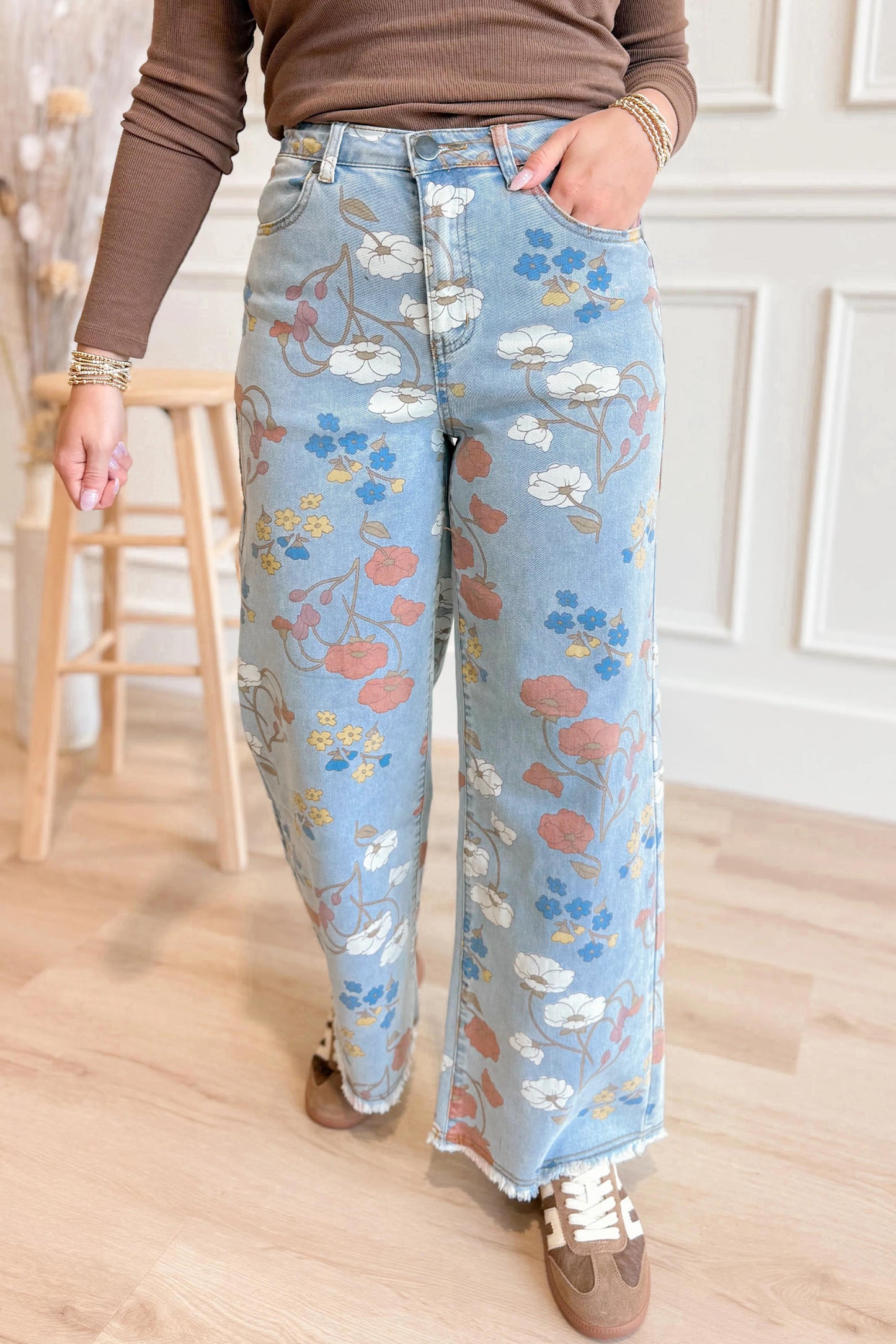 Sky Blue Floral Printed Raw Hem Shift Jeans-Bottoms/Jeans-[Adult]-[Female]-2022 Online Blue Zone Planet