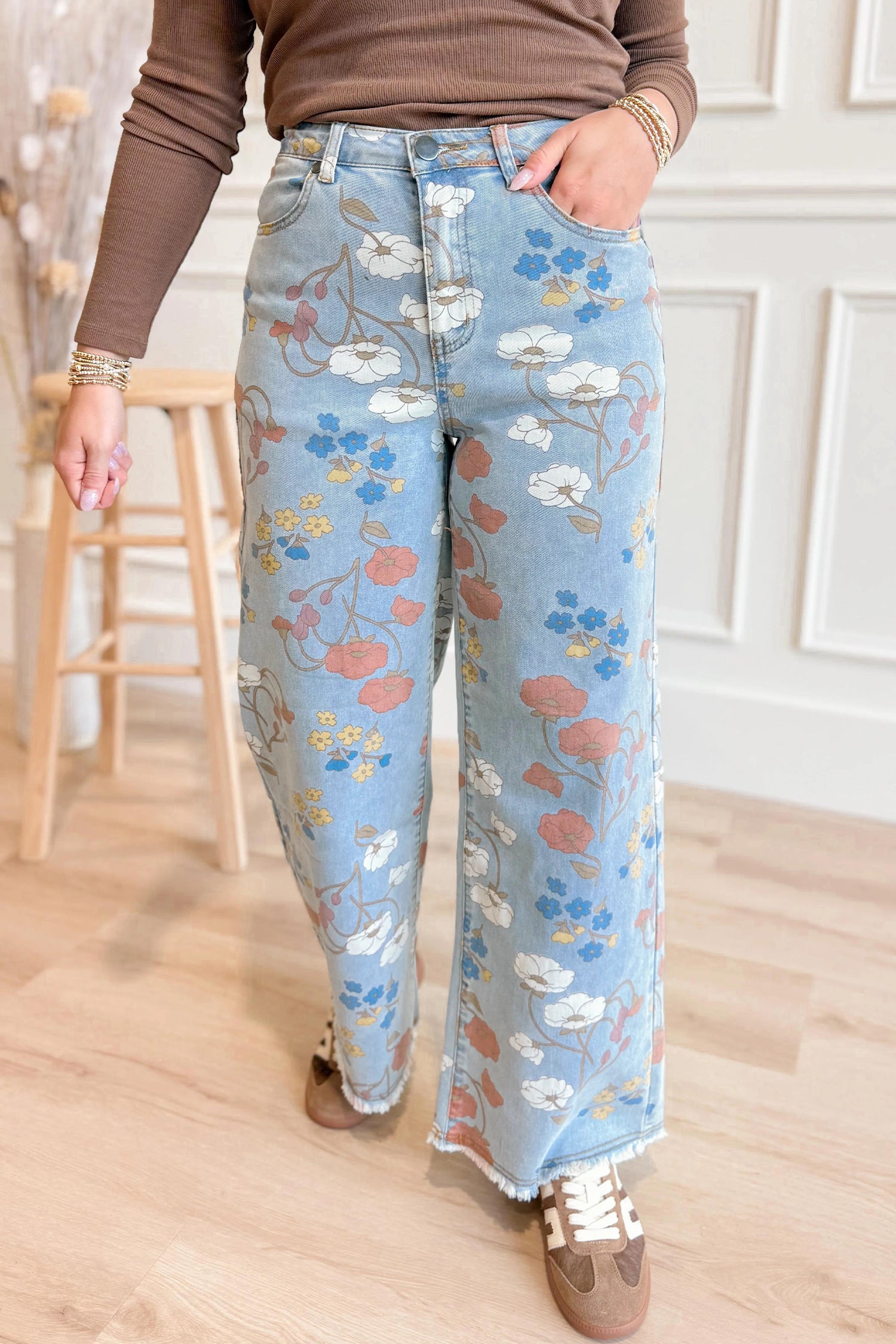 Sky Blue Floral Printed Raw Hem Shift Jeans-Bottoms/Jeans-[Adult]-[Female]-2022 Online Blue Zone Planet