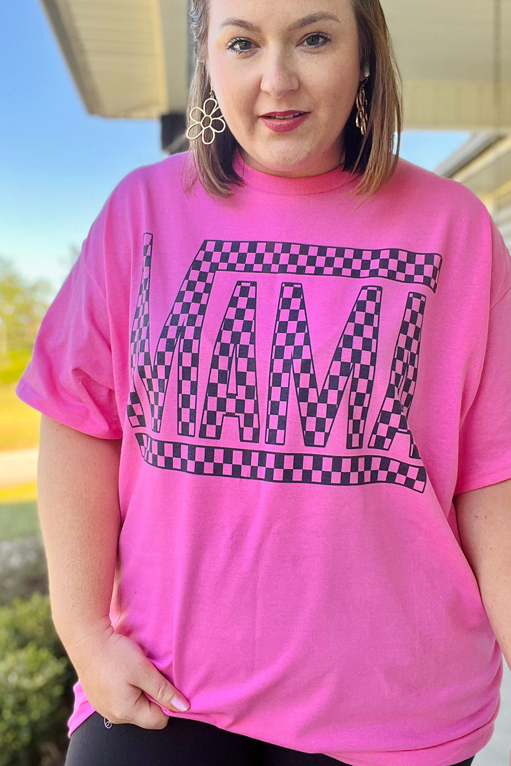 Bright Pink Checkered MAMA Letter Print Plus Size T Shirt-Plus Size Tops-[Adult]-[Female]-2022 Online Blue Zone Planet