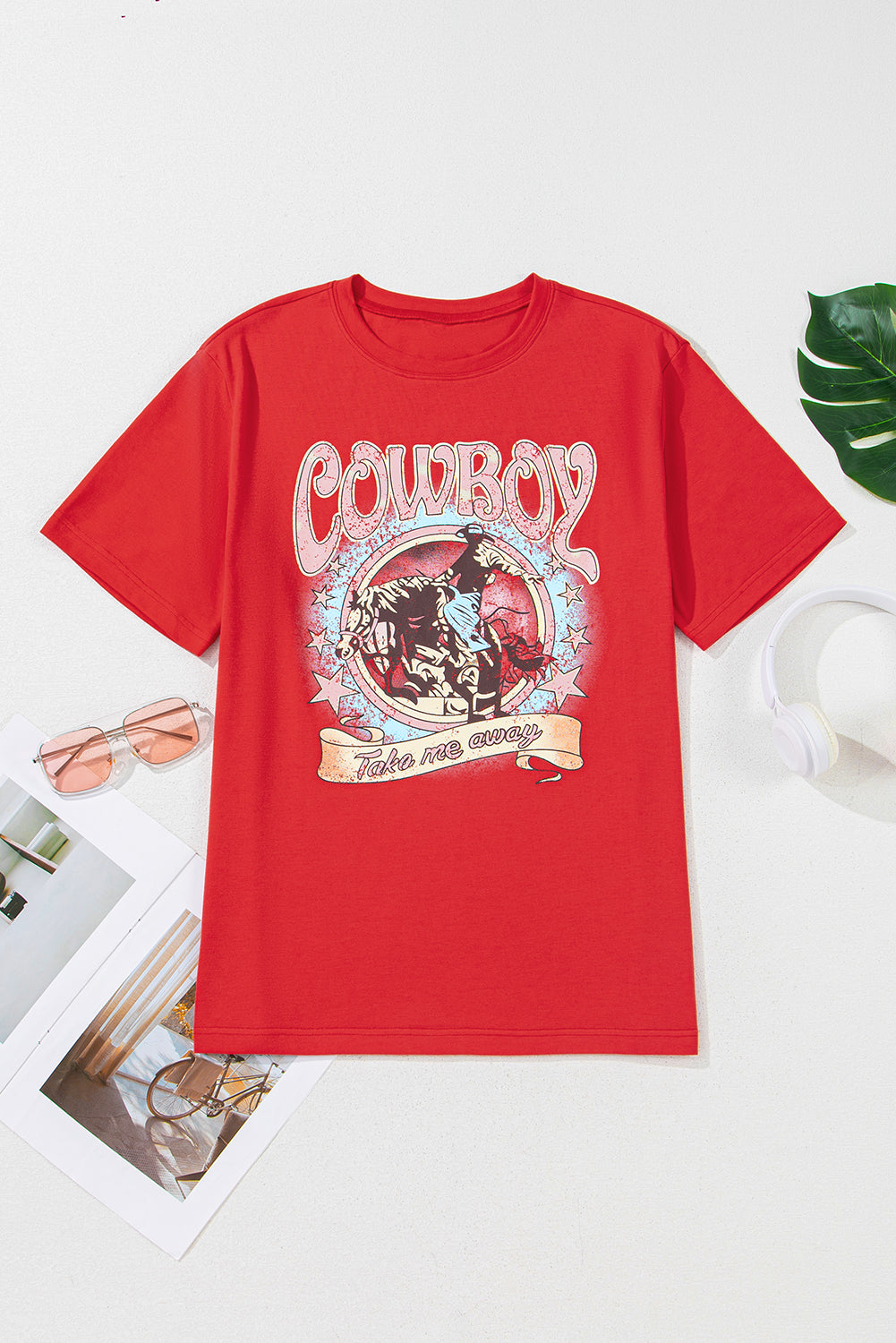 Tomato Red COWBOY Take Me Away Graphic Western Loose Tee-Graphic/Graphic Tees-[Adult]-[Female]-2022 Online Blue Zone Planet