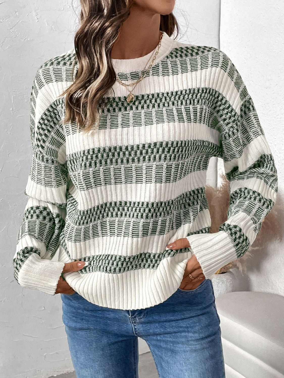 Perfee Contrast Round Neck Long Sleeve Sweater-TOPS / DRESSES-[Adult]-[Female]-2022 Online Blue Zone Planet