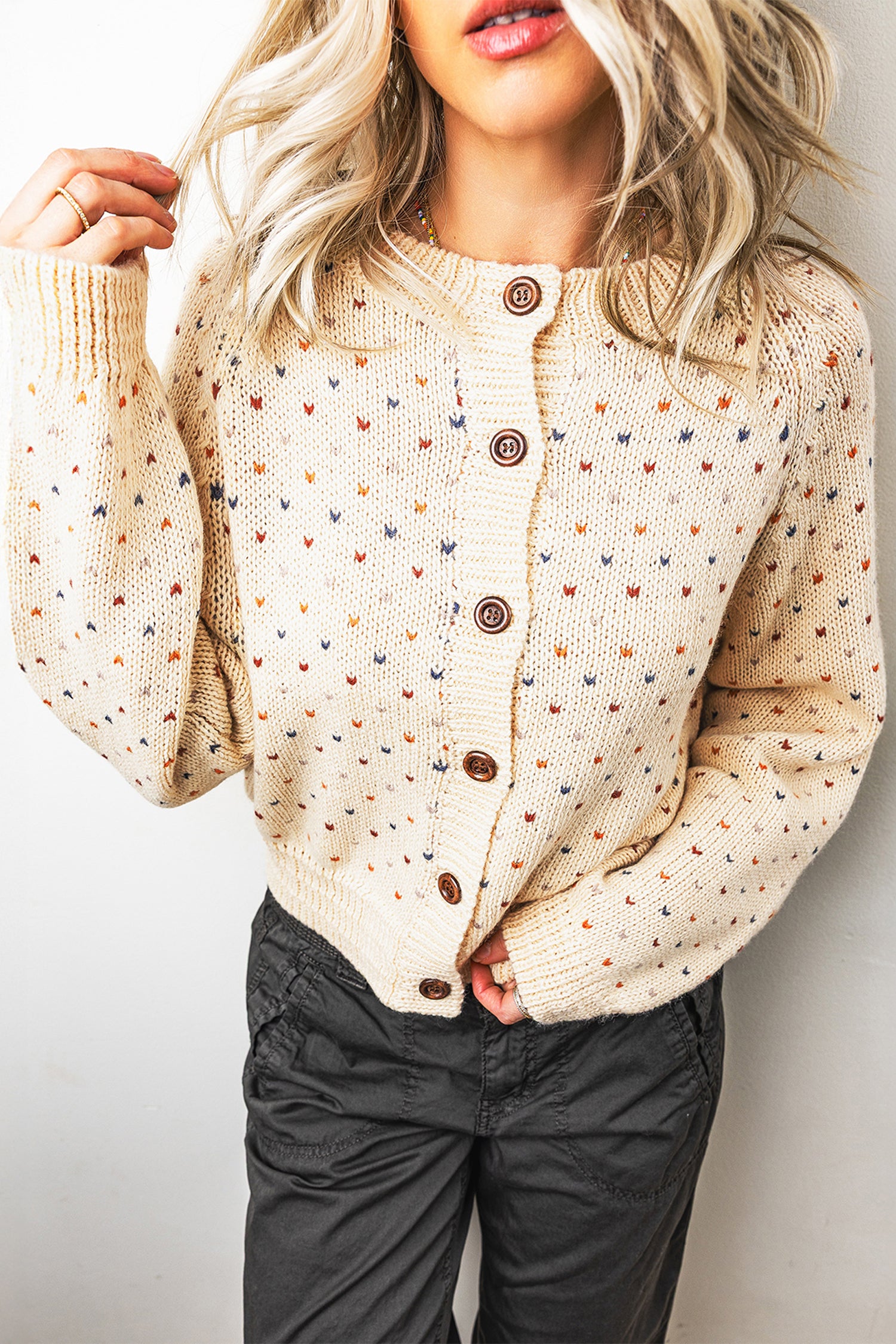 Beige Geometric Print Button Front Long Sleeve Regular Fit Cardigan-Sweaters & Cardigans/Cardigans-[Adult]-[Female]-2022 Online Blue Zone Planet