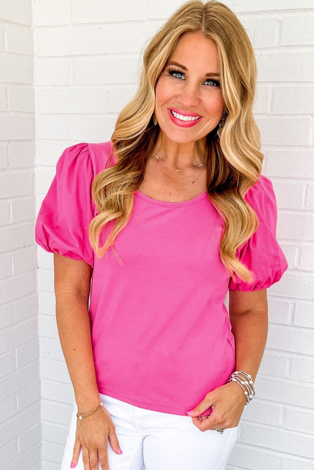 Strawberry Pink Casual Round Neck Bubble Sleeve T-Shirt-Tops/Tops & Tees-[Adult]-[Female]-2022 Online Blue Zone Planet