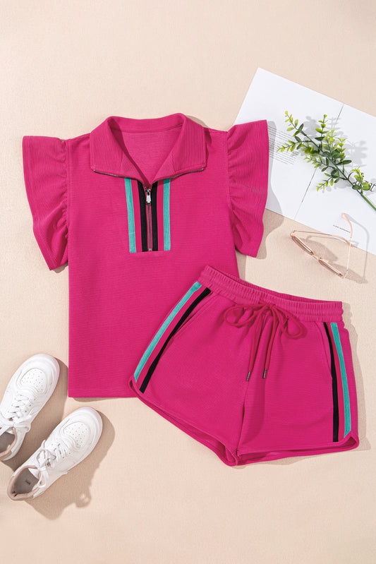 Strawberry Pink Striped Detail Flutter Sleeve Zipped Collar Short Set-Two Piece Sets/Short Sets-[Adult]-[Female]-2022 Online Blue Zone Planet