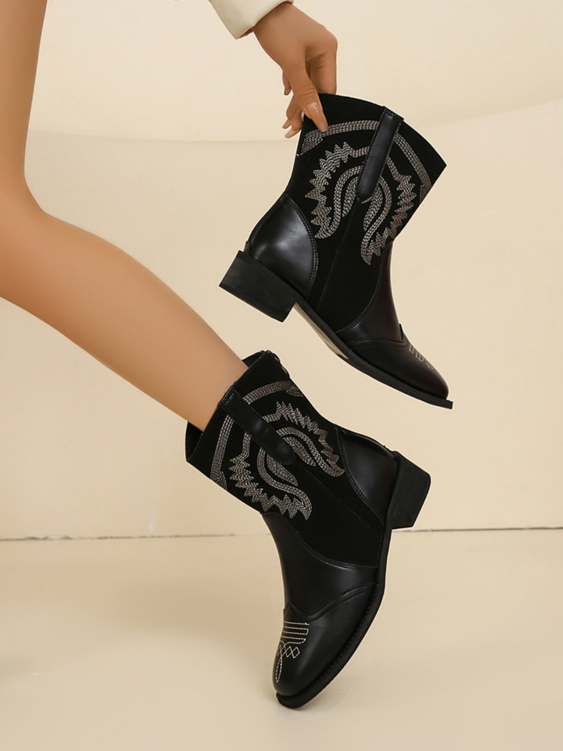 Embroidered PU Leather Block Heel Boots-BOOTS-[Adult]-[Female]-2022 Online Blue Zone Planet