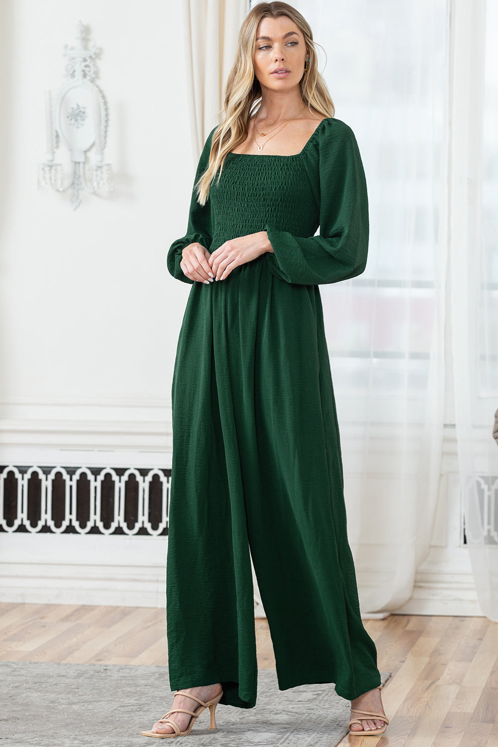 Green Smocked Square Neck Long Sleeve Wide Leg Jumpsuit-Jumpsuits-[Adult]-[Female]-2022 Online Blue Zone Planet