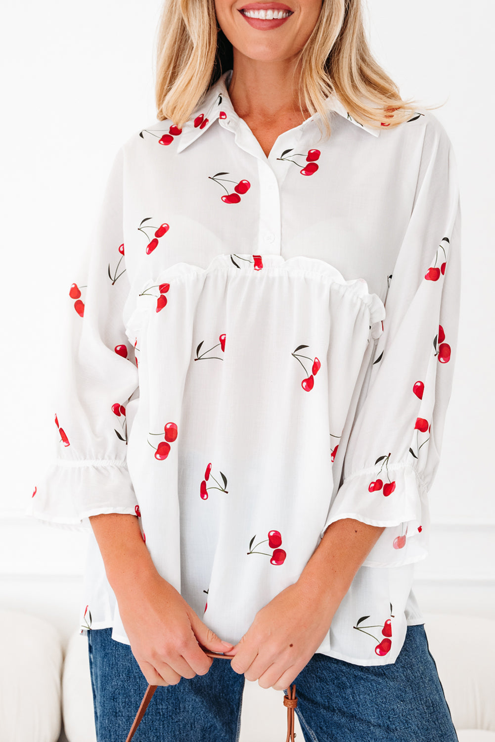 White Cherry Print Flounce Sleeve Collared Frilled Babydoll Blouse-Tops/Blouses & Shirts-[Adult]-[Female]-2022 Online Blue Zone Planet
