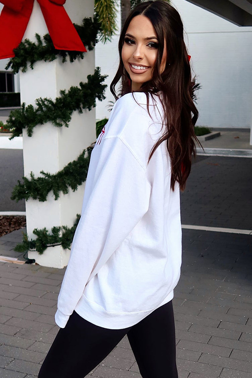 White Diverse Bow Embroidery Drop Shoulder Sweatshirt-Graphic/Graphic Sweatshirts-[Adult]-[Female]-2022 Online Blue Zone Planet