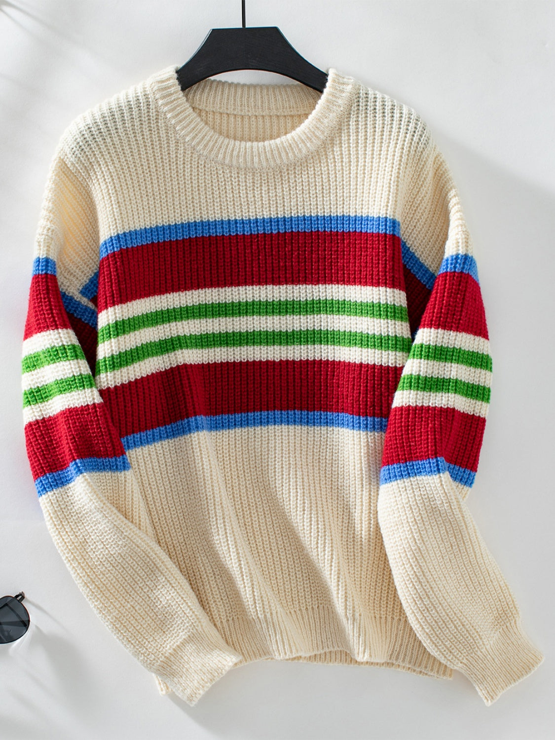 Contrast Stripes Round Neck Long Sleeve Sweater-TOPS / DRESSES-[Adult]-[Female]-2022 Online Blue Zone Planet