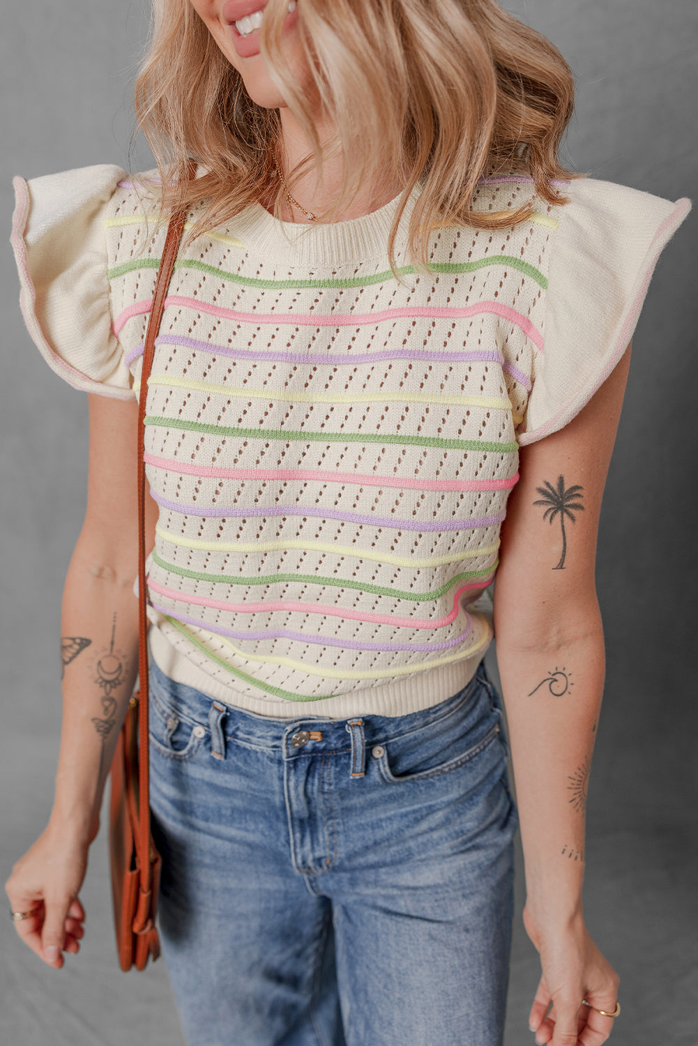 Oatmeal Colorful Striped Eyelet Knit Ruffled Sleeve Sweater T Shirt-Sweaters & Cardigans/Short Sleeve Sweaters-[Adult]-[Female]-2022 Online Blue Zone Planet