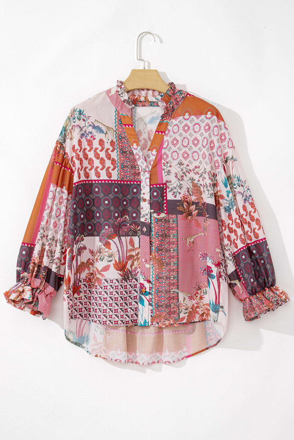 Blue Zone Planet | Red Boho Geometric Mixed Print Patchwork Bubble Sleeve Shirt-Tops/Blouses & Shirts-[Adult]-[Female]-2022 Online Blue Zone Planet