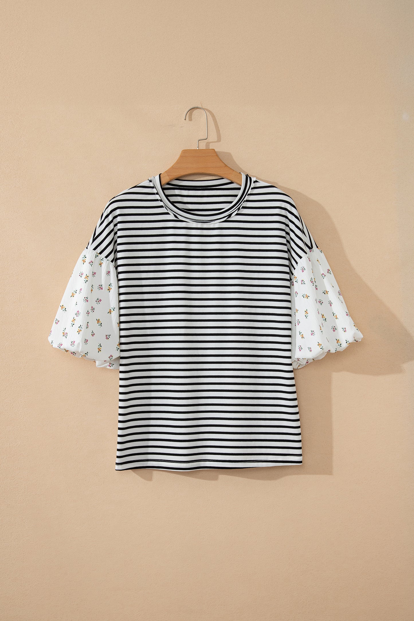Black Stripe Floral Puff Sleeve Patchwork Round Neck Loose Top-Tops/Blouses & Shirts-[Adult]-[Female]-2022 Online Blue Zone Planet
