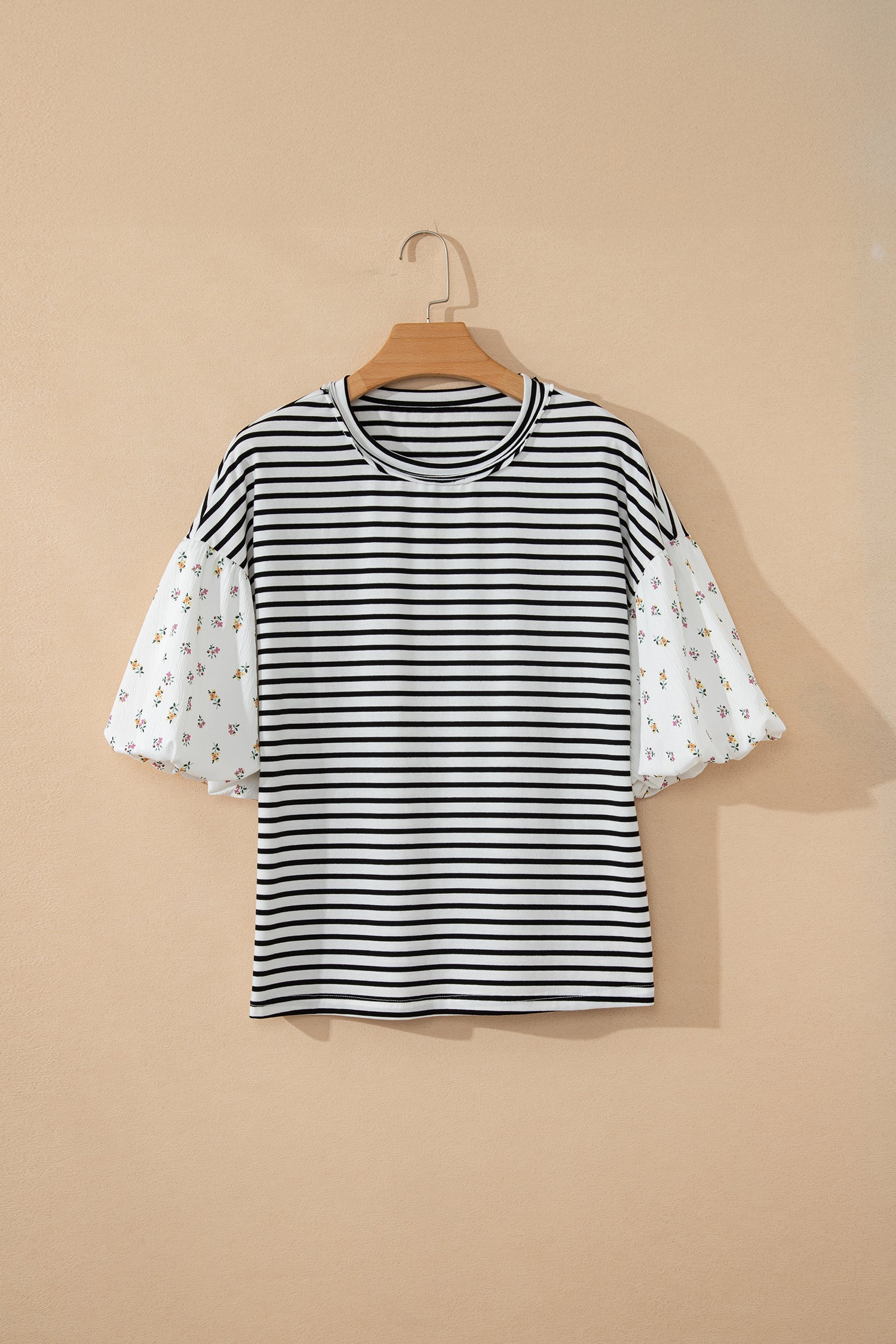 Black Stripe Floral Puff Sleeve Patchwork Round Neck Loose Top-Tops/Blouses & Shirts-[Adult]-[Female]-2022 Online Blue Zone Planet