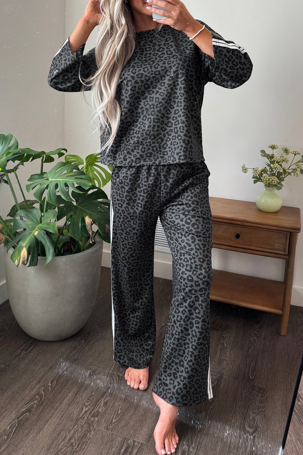 Pink Leopard Print Varsity Striped Detail 3/4 Sleeve Top Shift Pant Set-Two Piece Sets/Pant Sets-[Adult]-[Female]-2022 Online Blue Zone Planet