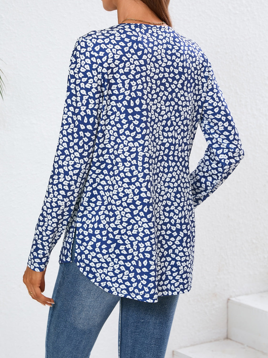 Quarter Button Printed Round Neck Long Sleeve Top-TOPS / DRESSES-[Adult]-[Female]-2022 Online Blue Zone Planet