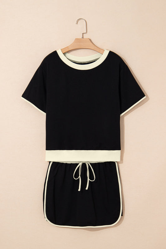 Black Colorblock Edge Drop Shoulder T Shirt and Skort 2Pcs Set-Two Piece Sets/Two Piece Dresses-[Adult]-[Female]-2022 Online Blue Zone Planet