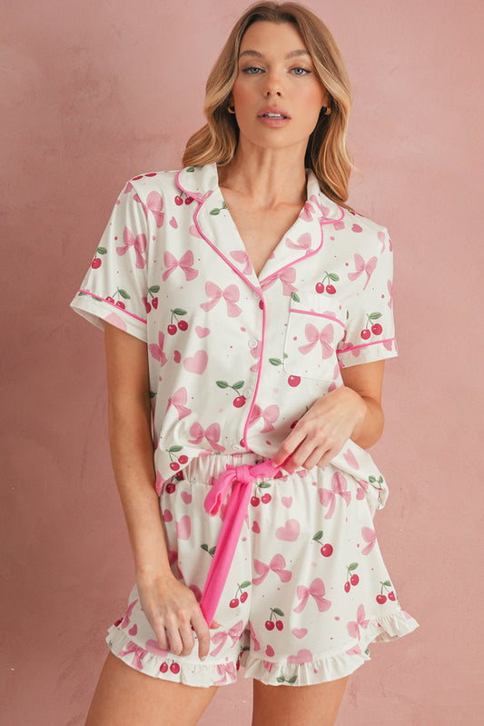 Beige Bow and Cherry Print Ruffle Hem Shorts Pajama Set-Two Piece Shorts Sets-[Adult]-[Female]-Beige-2XL-2022 Online Blue Zone Planet