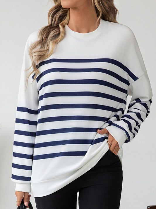 Blue Zone Planet | Striped Round Neck Long Sleeve T-Shirt-TOPS / DRESSES-[Adult]-[Female]-White-S-2022 Online Blue Zone Planet