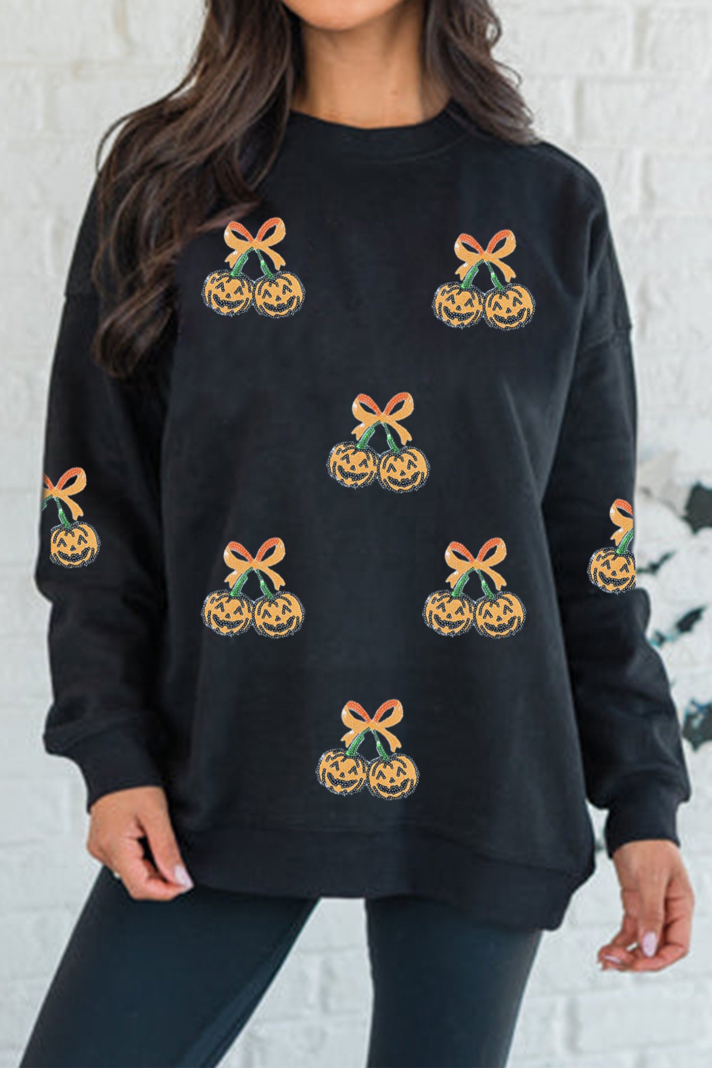 Black Halloween Sequin Pumpkin Graphic Relaxed Pullover Sweatshirt