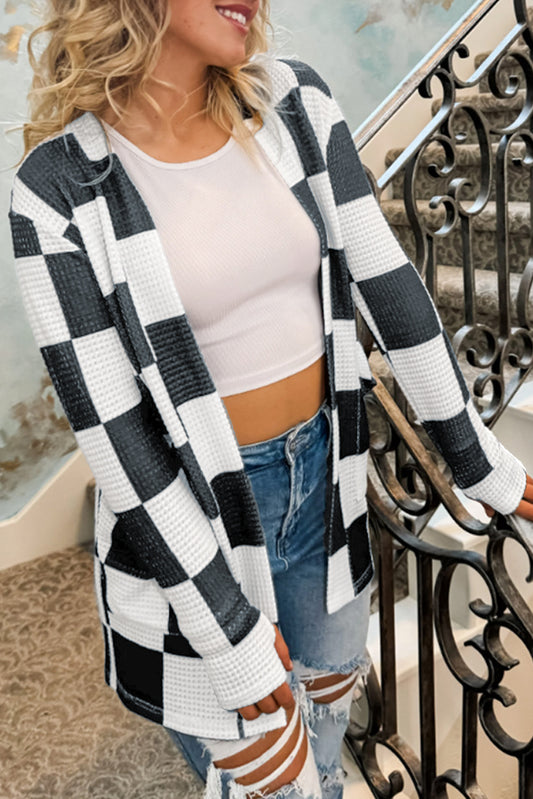 Blue Zone Planet | Black Checkered Waffle Knit Thumbhole Open Front Cardigan-Sweaters & Cardigans/Cardigans-[Adult]-[Female]-Black-S-2022 Online Blue Zone Planet