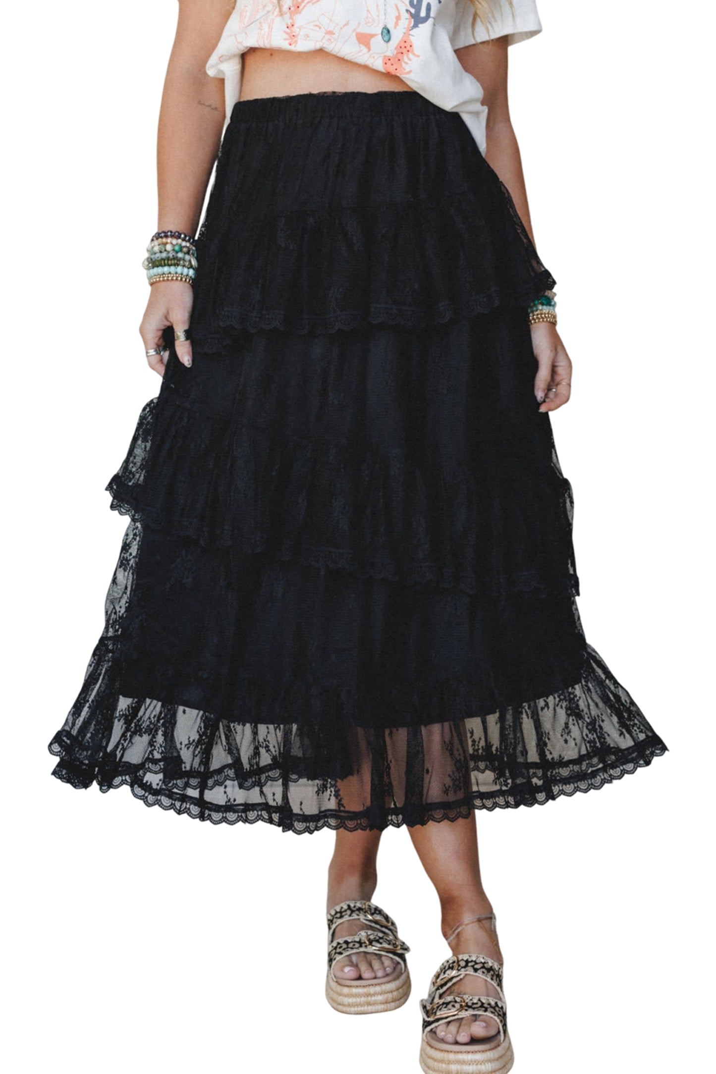 Black Elegant Ruffle Lace Tiered Skirt-Bottoms/Skirts & Petticoat-[Adult]-[Female]-2022 Online Blue Zone Planet