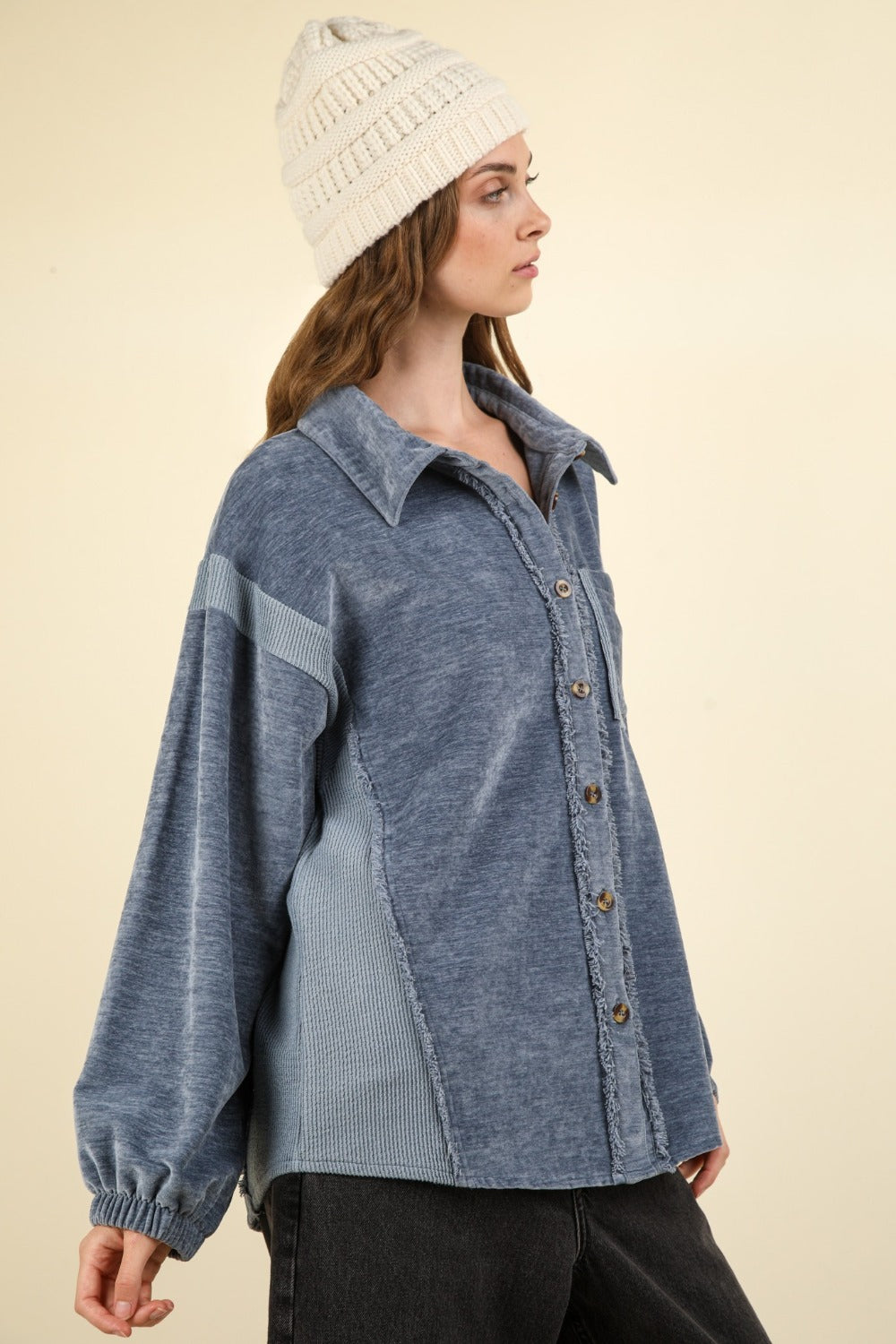 VERY J Mixed Media Button Down Raw Hem Shacket-TOPS / DRESSES-[Adult]-[Female]-2022 Online Blue Zone Planet