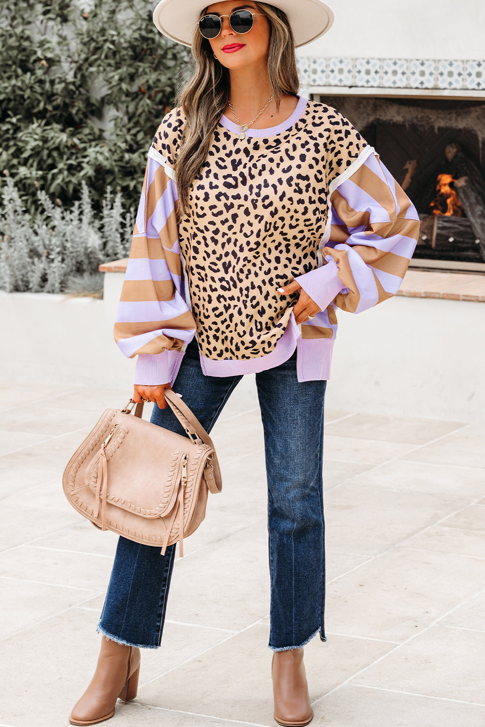 Purple Stripe Color Block Patchwork Leopard Casual Sweatshirt with Slits-Tops/Sweatshirts & Hoodies-[Adult]-[Female]-2022 Online Blue Zone Planet