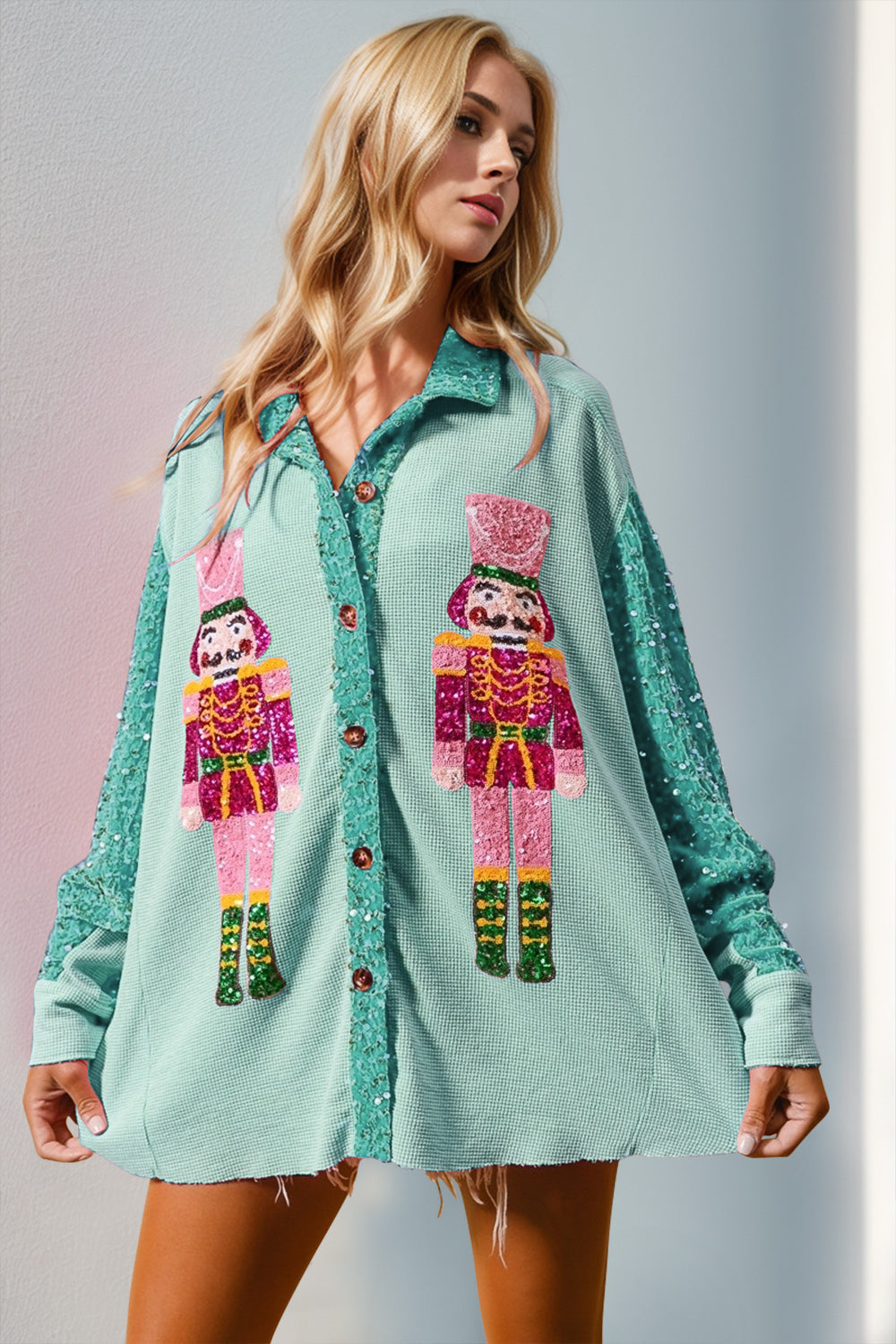 Blue Zone Planet | Double Take Sequin Nutcracker Button Up Shirt-TOPS / DRESSES-[Adult]-[Female]-Tiffany Blue-S-2022 Online Blue Zone Planet