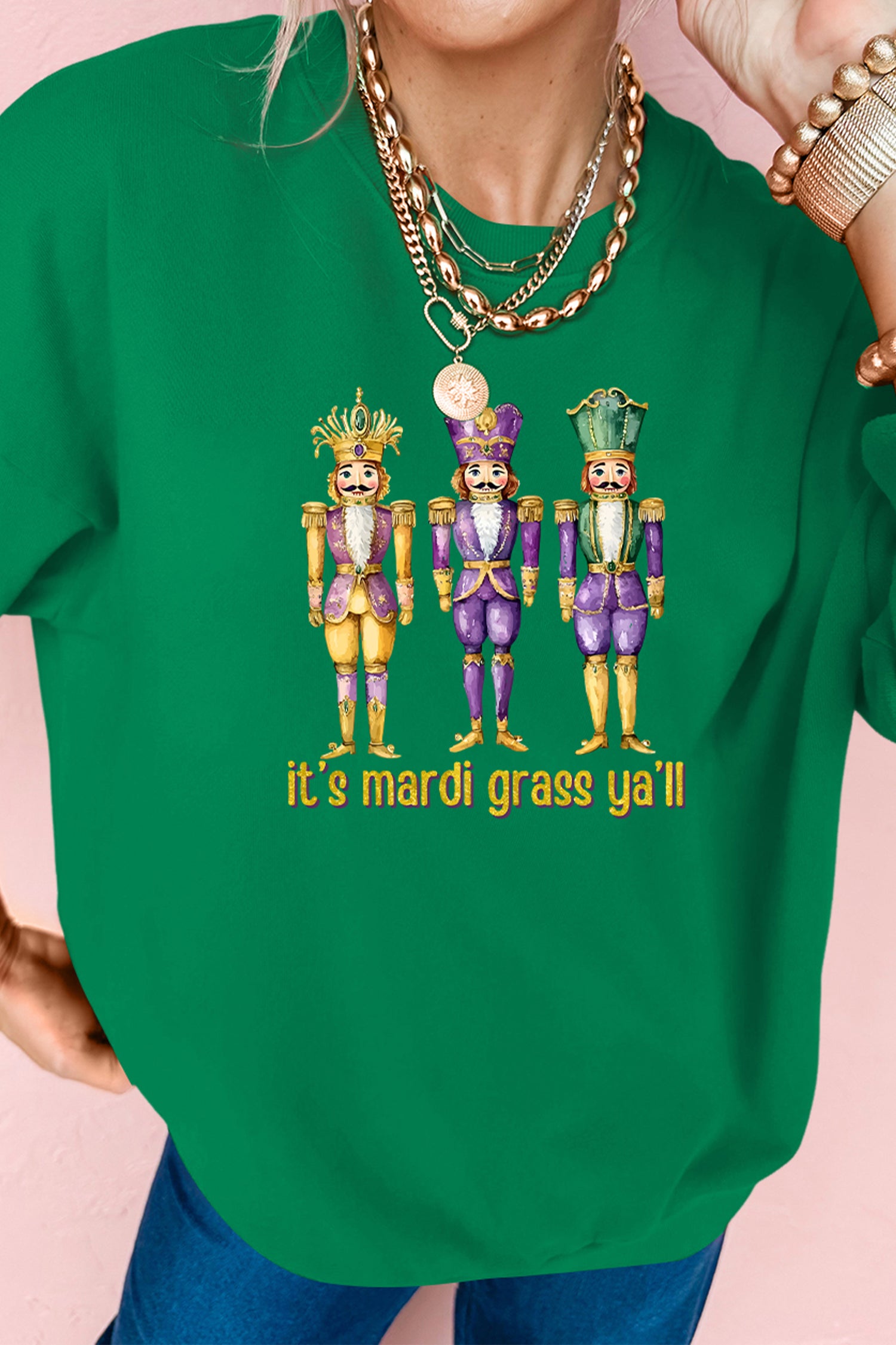 Dark Green Mardi Gras Nutcracker Graphic Pullover Sweatshirt-Graphic Sweatshirts-[Adult]-[Female]-2022 Online Blue Zone Planet