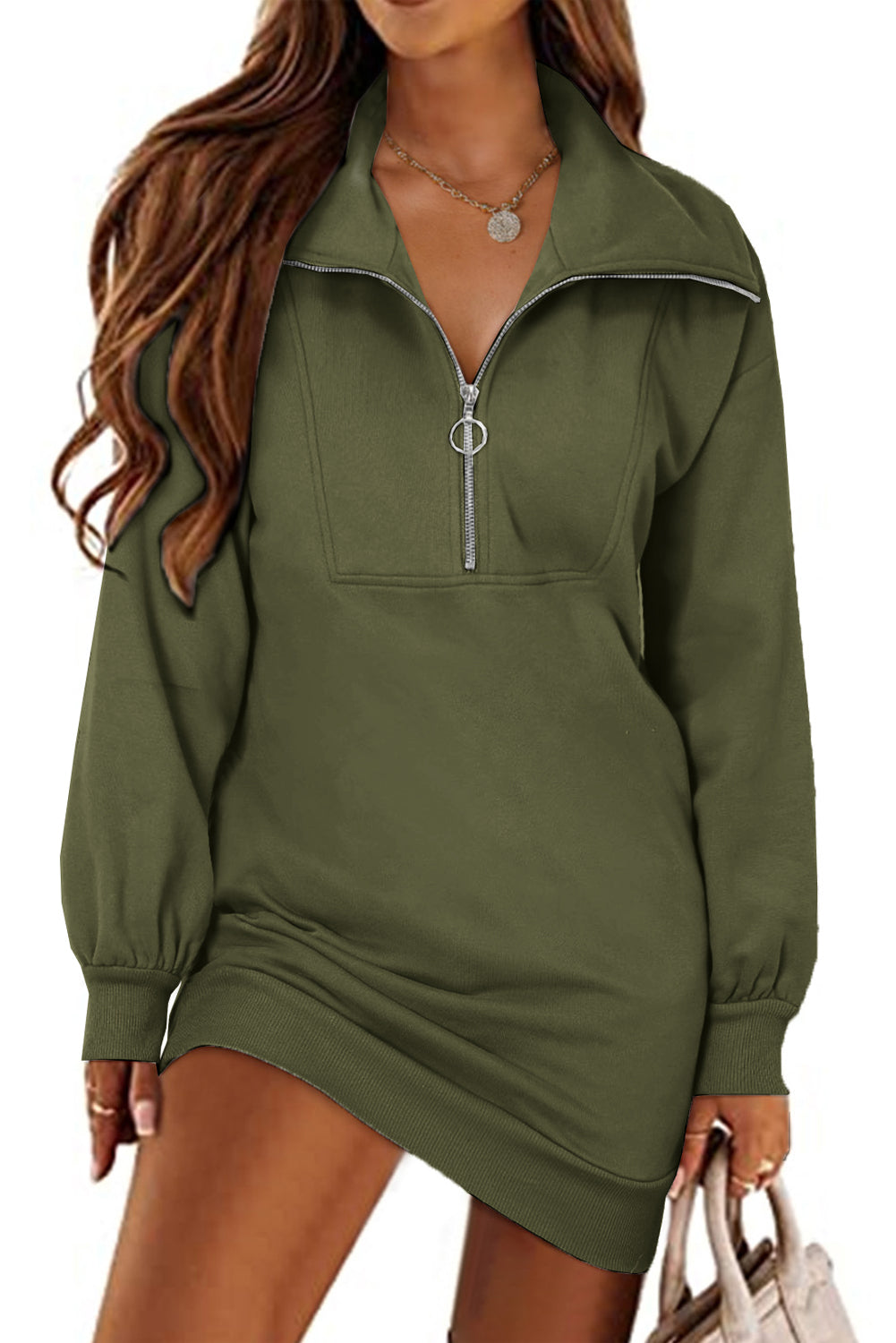 Half Zip Dropped Shoulder Mini Sweatshirt Dress-TOPS / DRESSES-[Adult]-[Female]-Army Green-S-2022 Online Blue Zone Planet