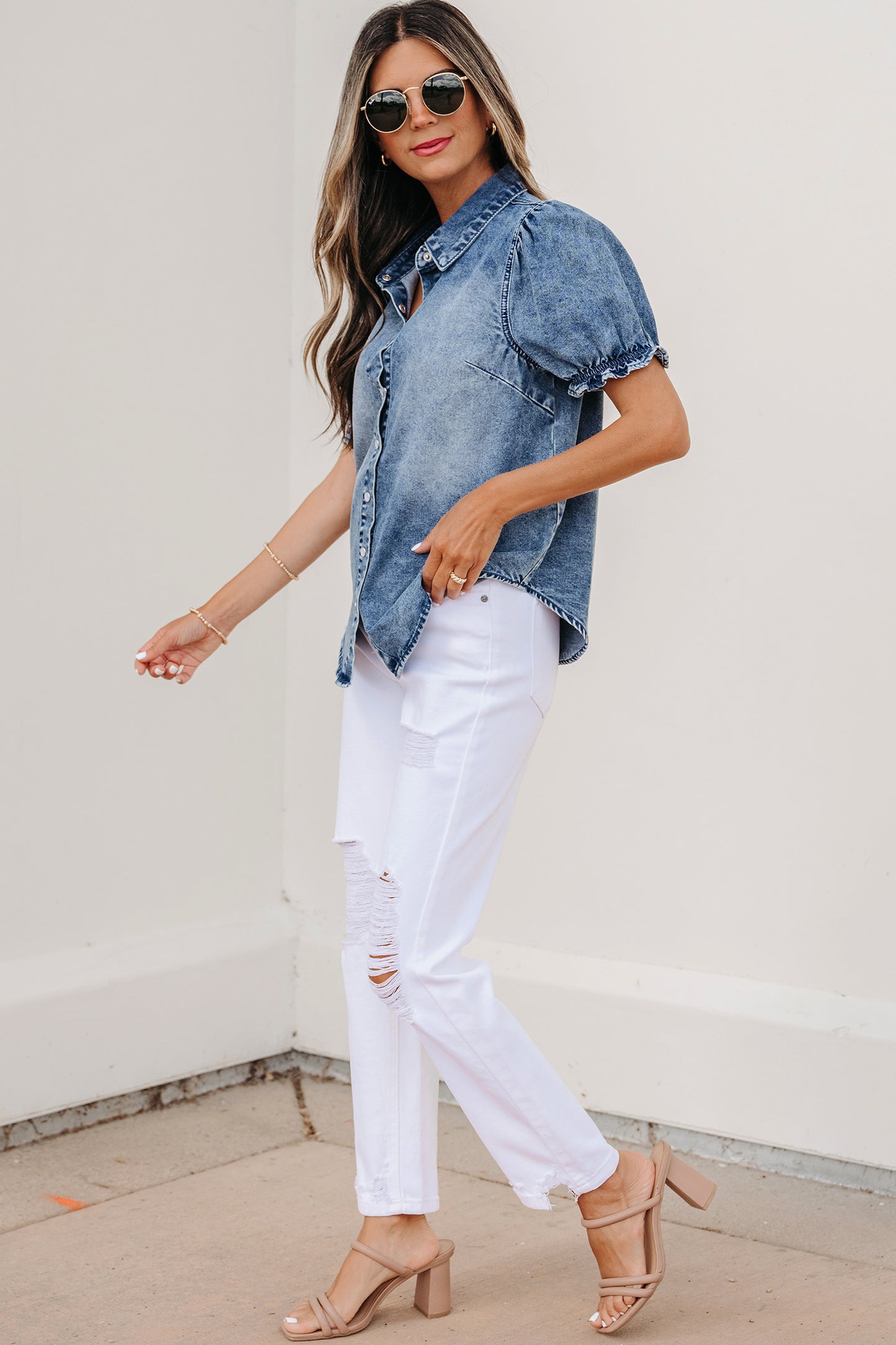 Beau Blue Frilled Short Sleeve Snap Button Denim Shirt-Tops/Blouses & Shirts-[Adult]-[Female]-2022 Online Blue Zone Planet
