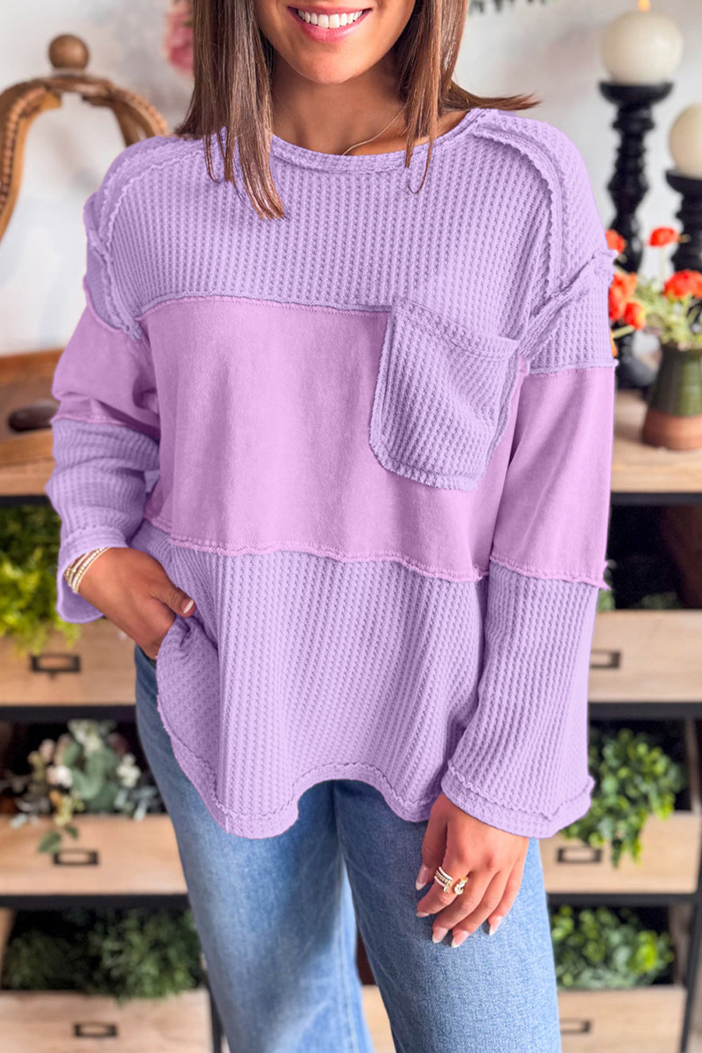 Phalaenopsis Thermal Knit Contrast Textured Patchwork Long Sleeve Top-Tops/Long Sleeve Tops-[Adult]-[Female]-2022 Online Blue Zone Planet