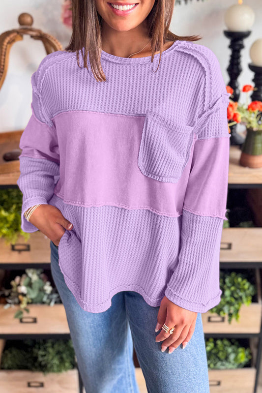 Phalaenopsis Thermal Knit Contrast Textured Patchwork Long Sleeve Top-Tops/Long Sleeve Tops-[Adult]-[Female]-2022 Online Blue Zone Planet