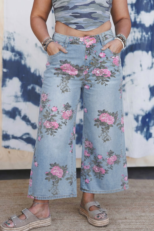 Sky Blue Plus Size Floral Print Ankle Length Loose Jeans-Plus Size/Plus Size Bottoms-[Adult]-[Female]-Sky Blue-1X-2022 Online Blue Zone Planet