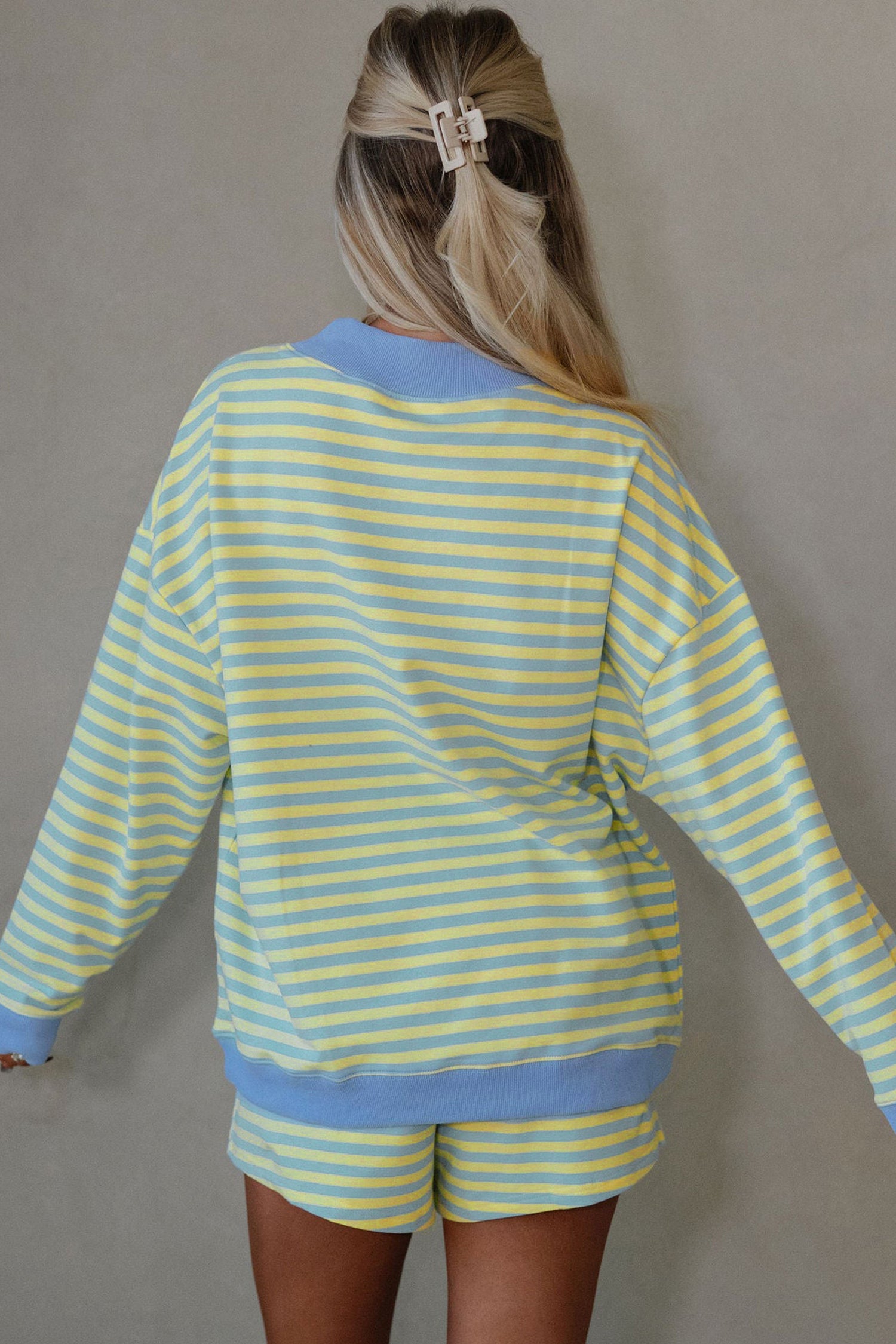 Yellow Stripe Color Block Detail Long Sleeve Pullover Elastic Waist Pull On Shorts 2pcs Set-Two Piece Sets/Short Sets-[Adult]-[Female]-2022 Online Blue Zone Planet