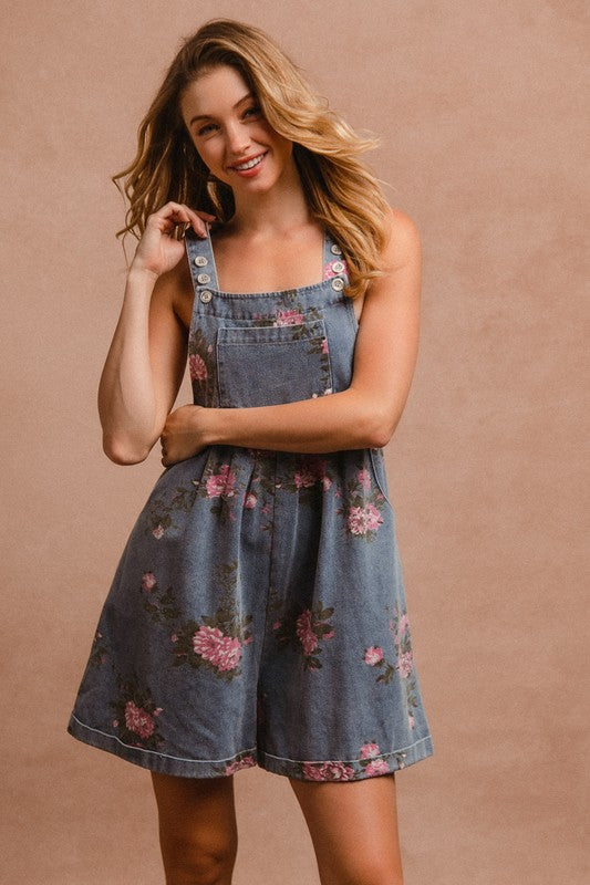 BiBi Flower Printed Wide Strap Denim Overalls-TOPS / DRESSES-[Adult]-[Female]-2022 Online Blue Zone Planet