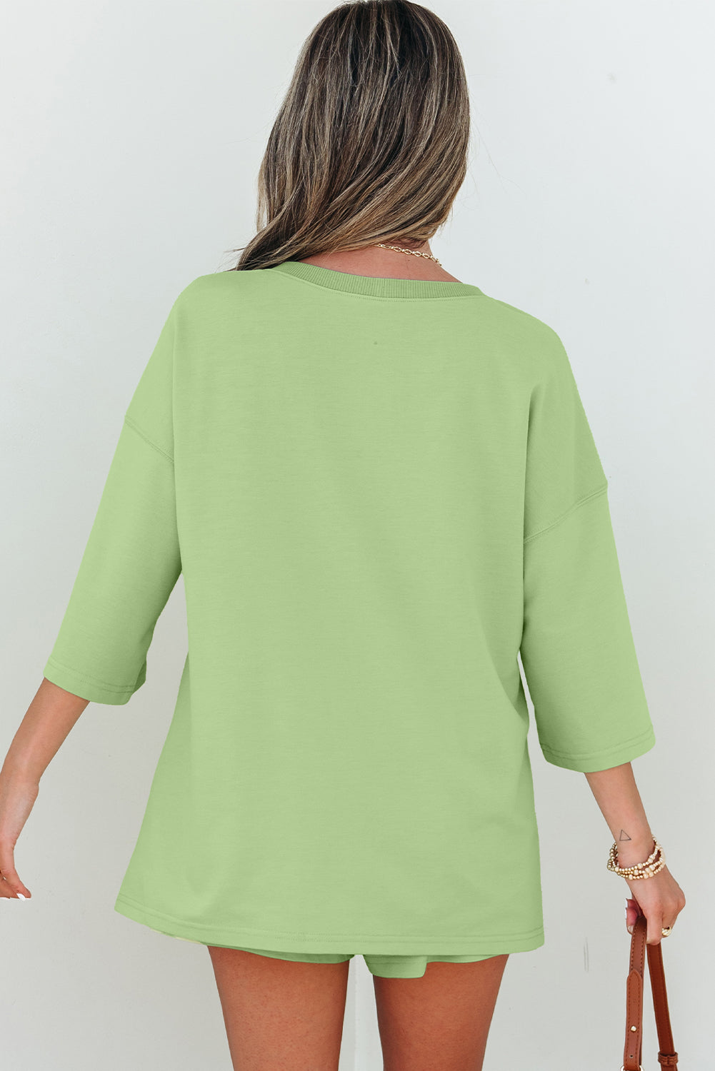 Meadow Mist Green Solid Loose V Neck Half Sleeve Tee and Shorts-Two Piece Sets/Short Sets-[Adult]-[Female]-2022 Online Blue Zone Planet