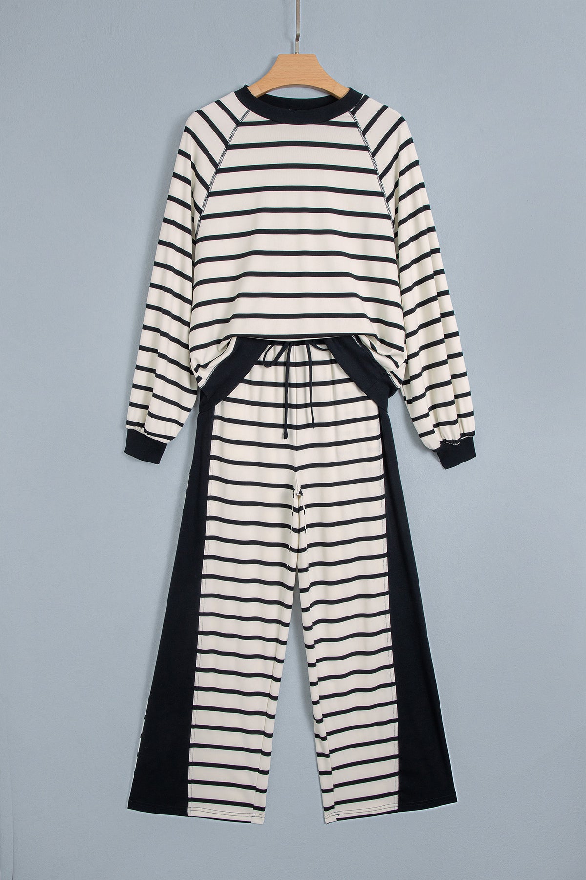 Beige Stripe Relaxed Long Sleeve Top Color Block Detail Drawstring Pant Set-Two Piece Sets/Pant Sets-[Adult]-[Female]-2022 Online Blue Zone Planet