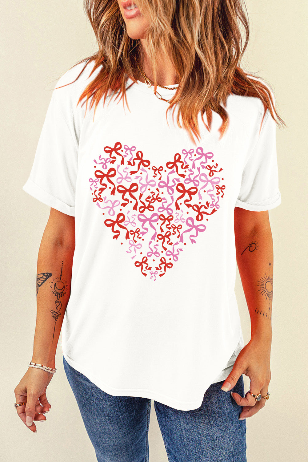 White Bowknot Heart Printed Crewneck Valentines Tee-Graphic Tees-[Adult]-[Female]-2022 Online Blue Zone Planet