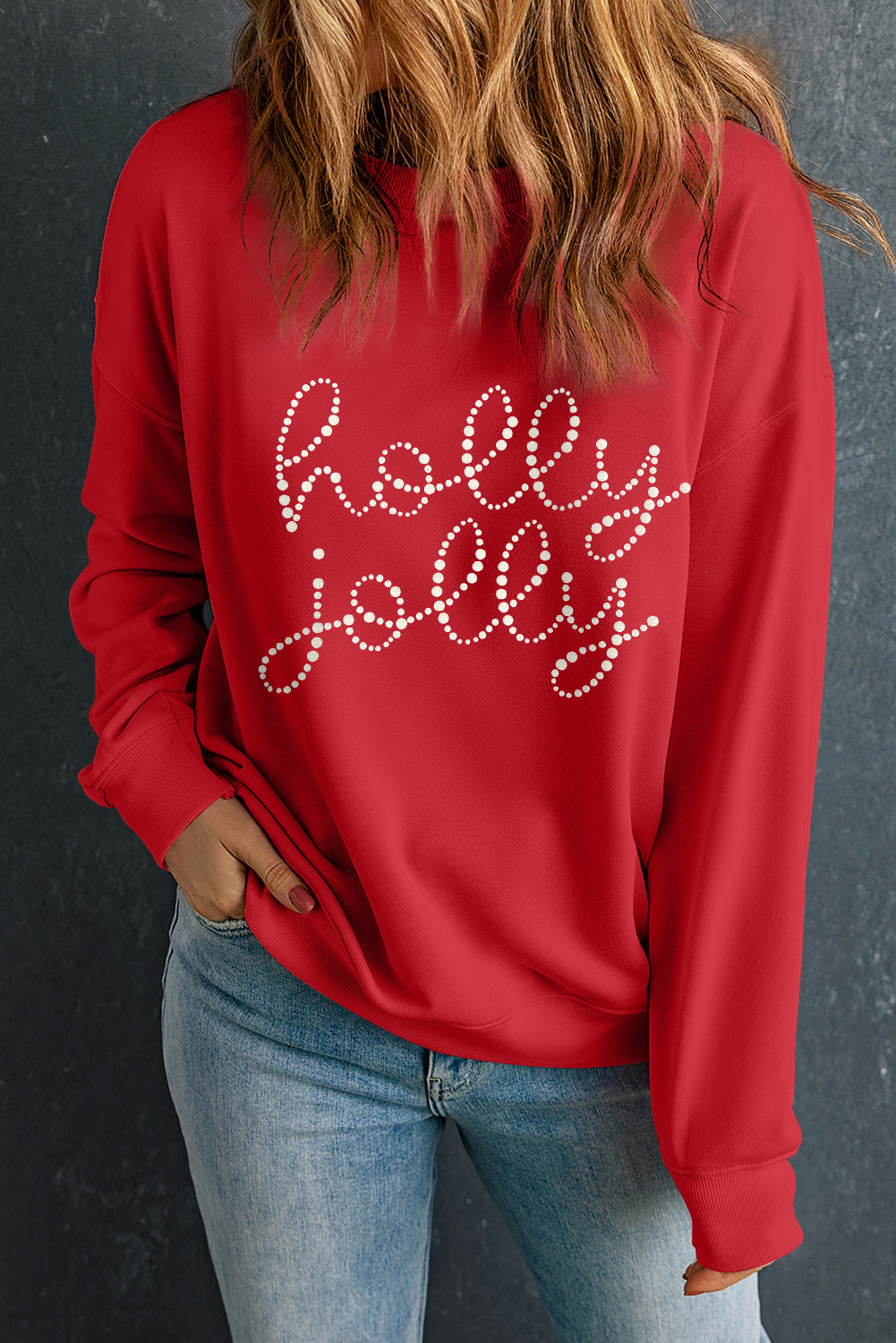 Blue Zone Planet | Red Christmas holly jolly Ceramic Rhinestone Letter Graphic Sweatshirt-Graphic/Graphic Sweatshirts-[Adult]-[Female]-2022 Online Blue Zone Planet