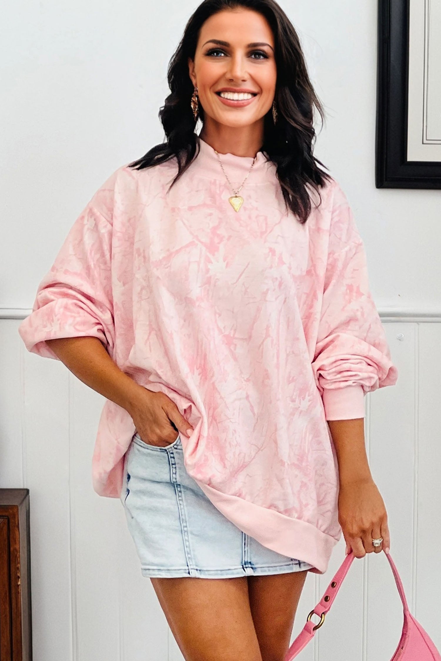 Pink Camo Mock Neck Baggy Sweatshirt-Tops/Sweatshirts & Hoodies-[Adult]-[Female]-2022 Online Blue Zone Planet