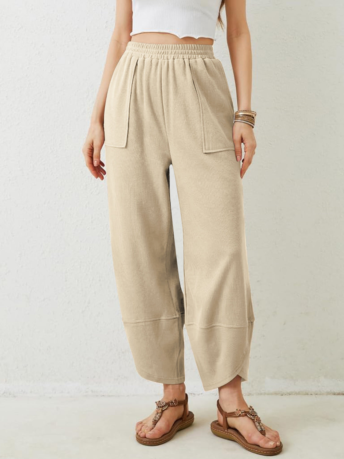 Blue Zone Planet | Lovelet Elastic Waist Wide Leg Pants-BOTTOMS SIZES SMALL MEDIUM LARGE-[Adult]-[Female]-2022 Online Blue Zone Planet