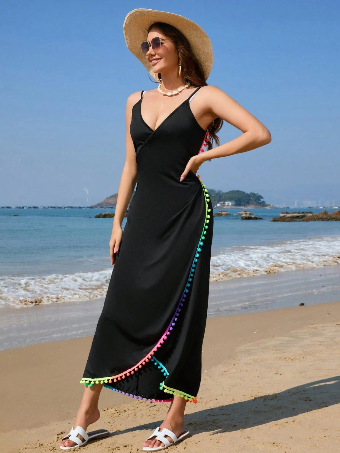 Rainbow Pompom Trim Spaghetti Strap Cover-Up-TOPS / DRESSES-[Adult]-[Female]-2022 Online Blue Zone Planet