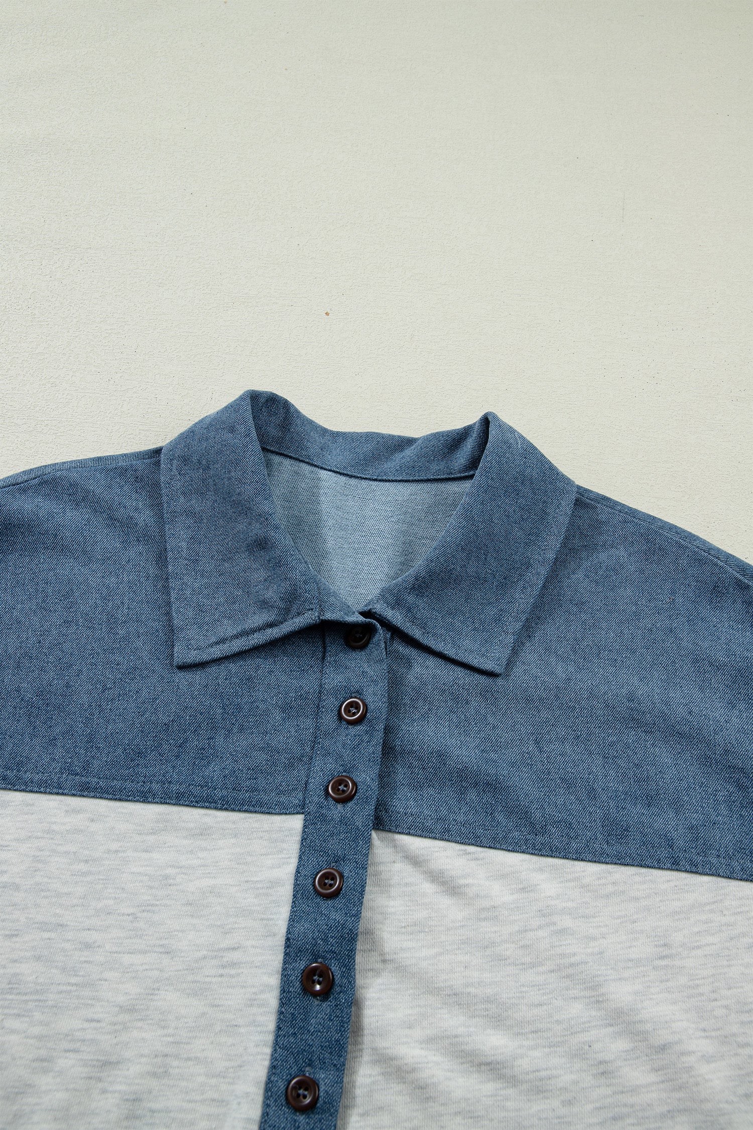 Light Grey Color Block Denim Patchwork Button Polo Collar Short Sleeve Top-Tops/Blouses & Shirts-[Adult]-[Female]-2022 Online Blue Zone Planet