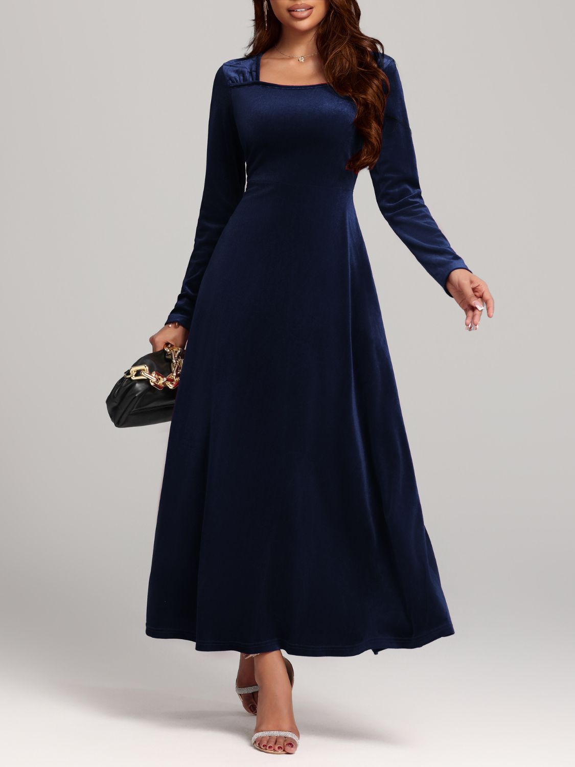 Blue Zone Planet | Square Neck Long Sleeve Velvet Dress-TOPS / DRESSES-[Adult]-[Female]-2022 Online Blue Zone Planet