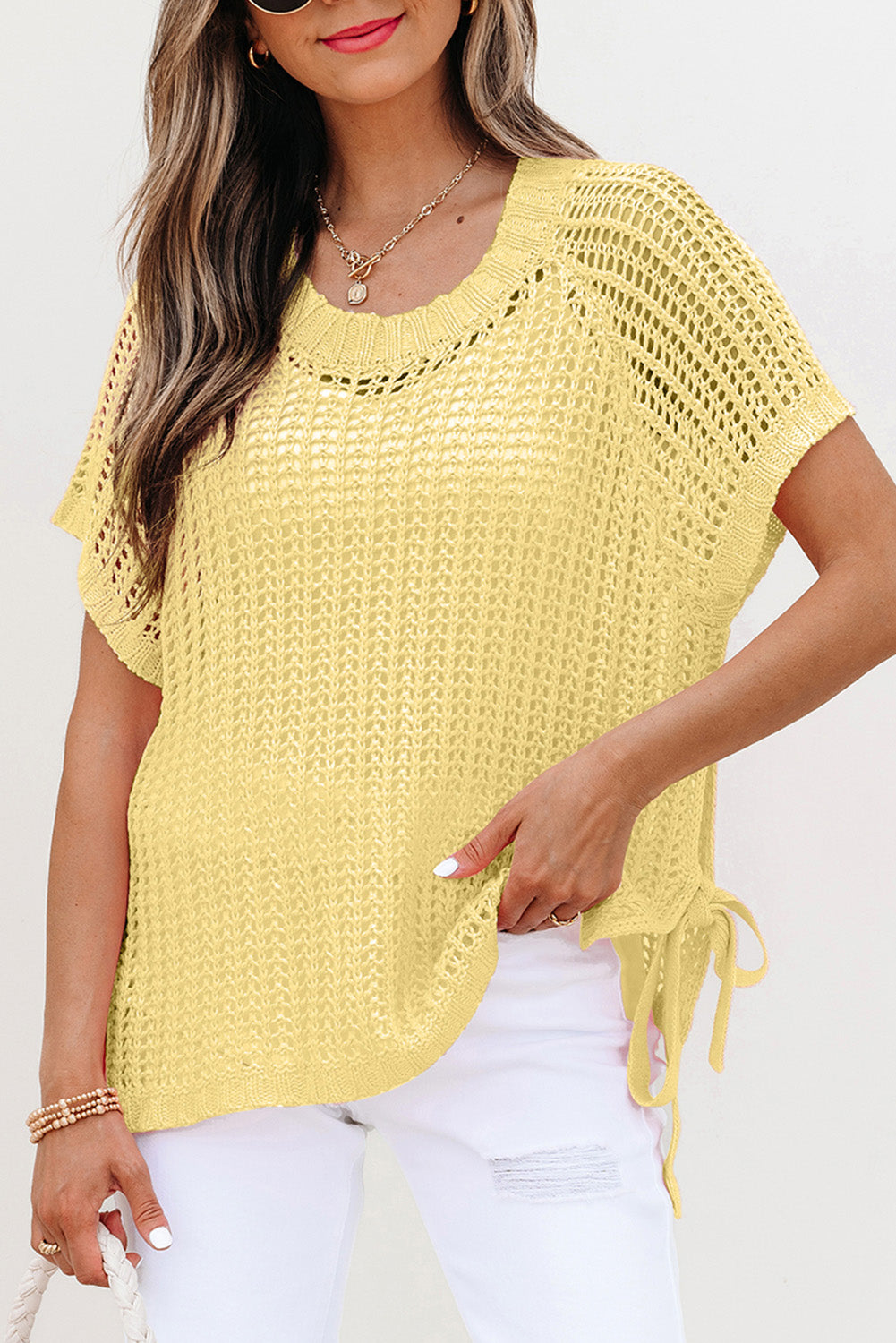 Yellow Cream Hollow-Out Crochet Side Tied Short Sleeve Sweater-TOPS / DRESSES-[Adult]-[Female]-2022 Online Blue Zone Planet