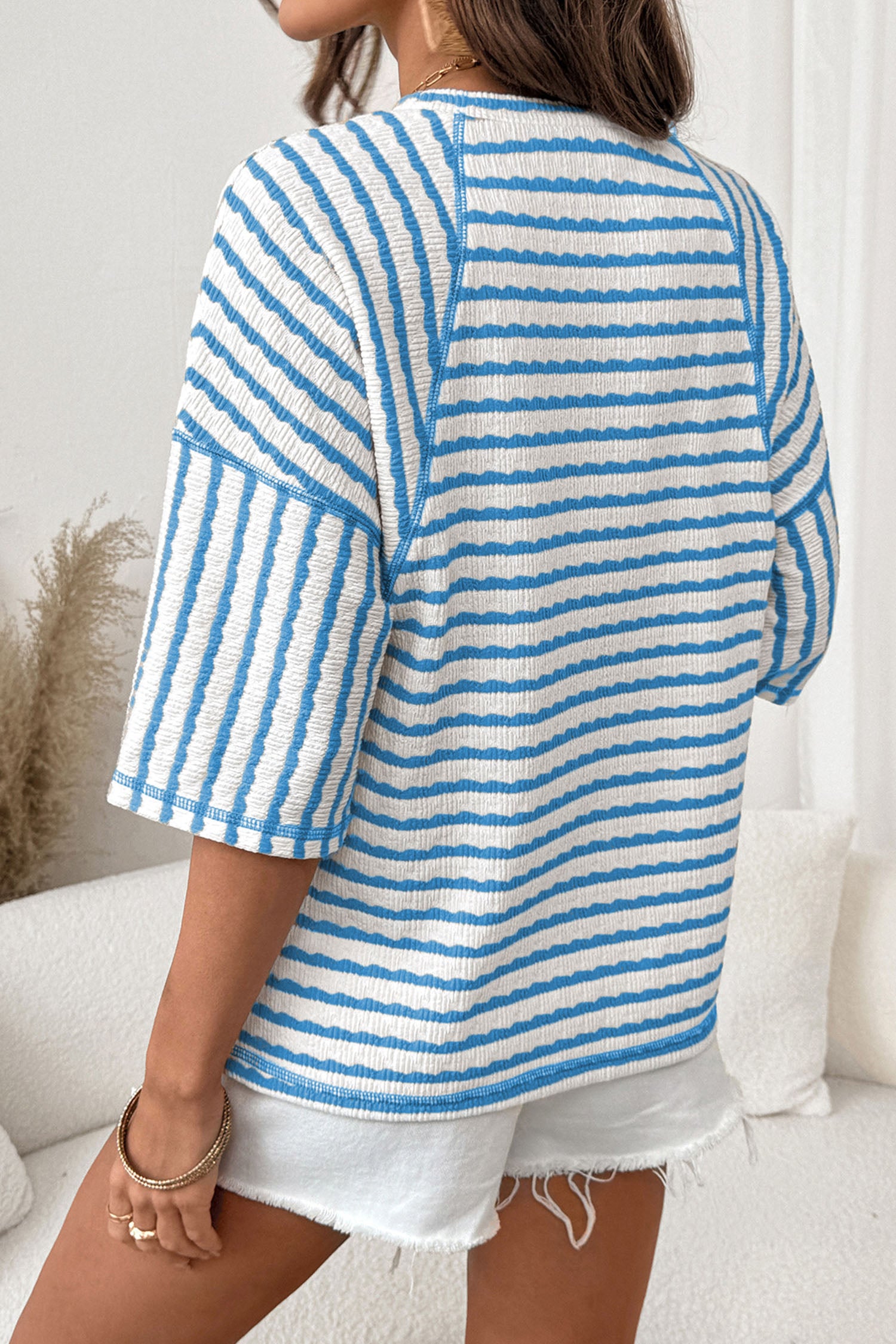 Sky Blue Stripe Textured Knit Split Hem Half Sleeve Loose Top-Tops/Tops & Tees-[Adult]-[Female]-2022 Online Blue Zone Planet