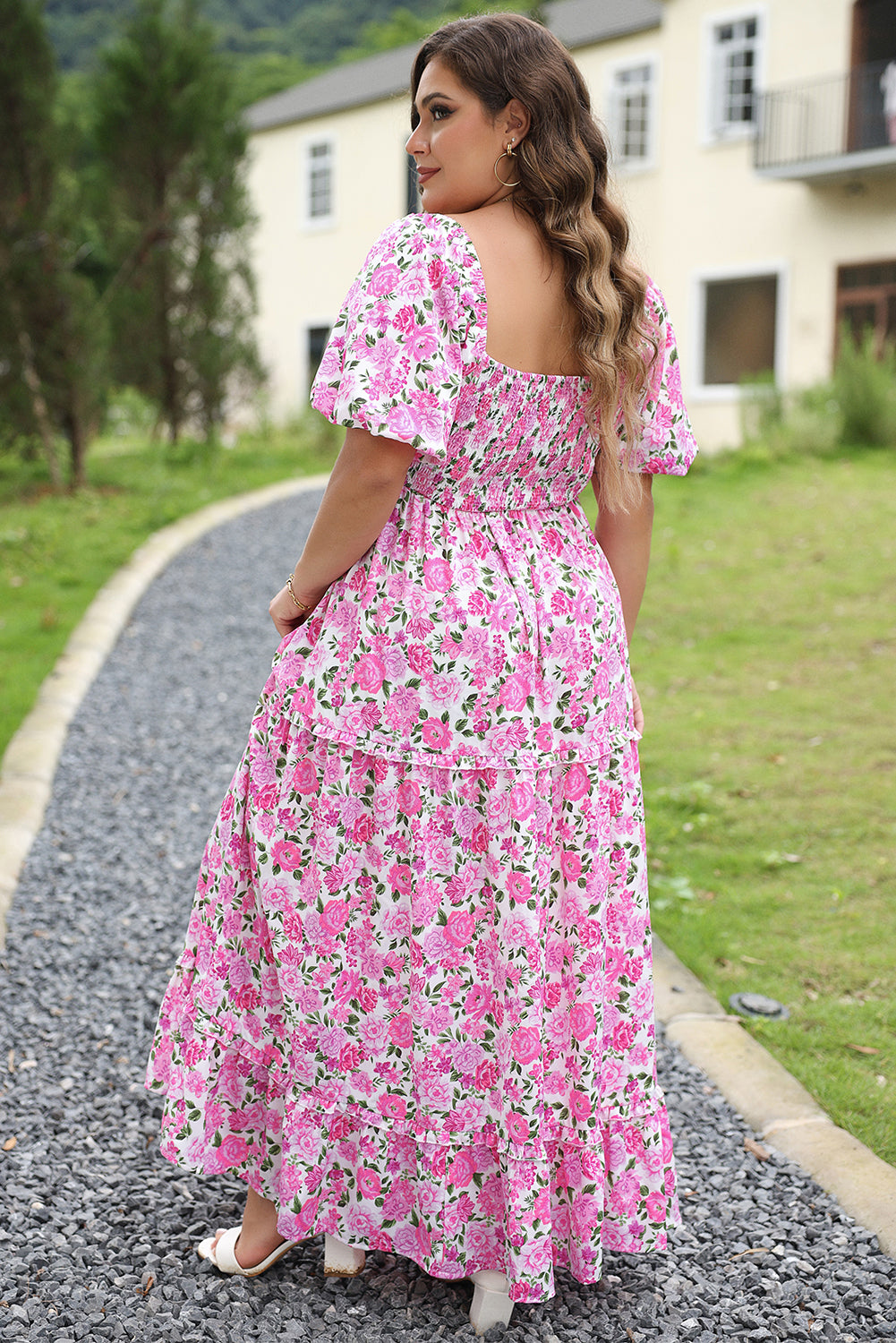 Garden Puff Dress ピンク Pink Plus Size Floral Print Smocked Puff Sleeve Dress - Blue